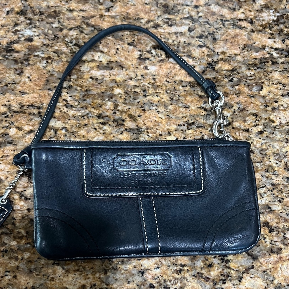 Coach Black Leather Wristlet with Stitch Detail